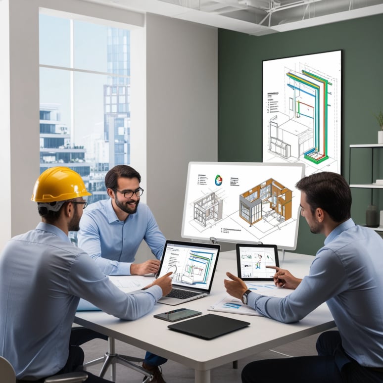 Progettisti che coordinano un modello BIM tridimensionale su schermo e tavolo di lavoro