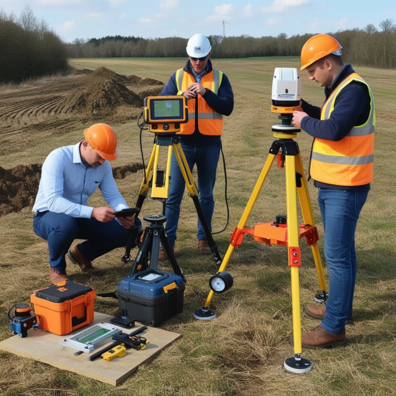 Tecnici 3G GEO durante un rilievo topografico in campo, con stazione totale, ricevitore GNSS e laser scanner su treppiede